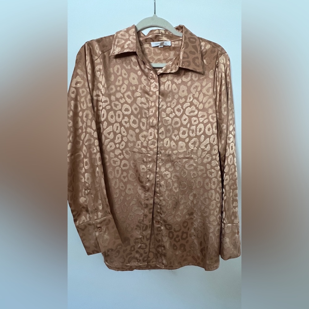 Like new oversized silk button down with cheetah print embroidered
